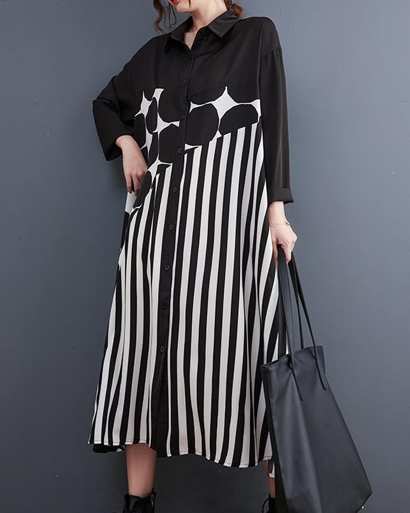 Image of ellazhu Womens Fall Casual Patchwork Funky Long Sleeve Designer Dress Loose Blouse GY2787 A