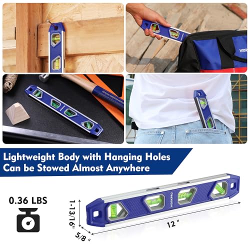 Image of WORKPRO 12 Inch Magnetic Torpedo Level, Blue | Aluminum Frame, 4 Bubbles with Pitch Vial, V-Groove for Conduit, for Plumbers, Electricians, Carpenters & DIYers