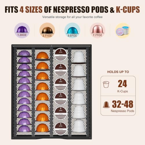 Image of Coffee Station Organizer Compatible with Nespresso Vertuo Pods, Holds 48 Small or 32 Large Pods, 3-Tier Coffee Bar Organizer with K-Cup Holder, Coffee Pod Drawer & Syrup Cups Rack for Accessories