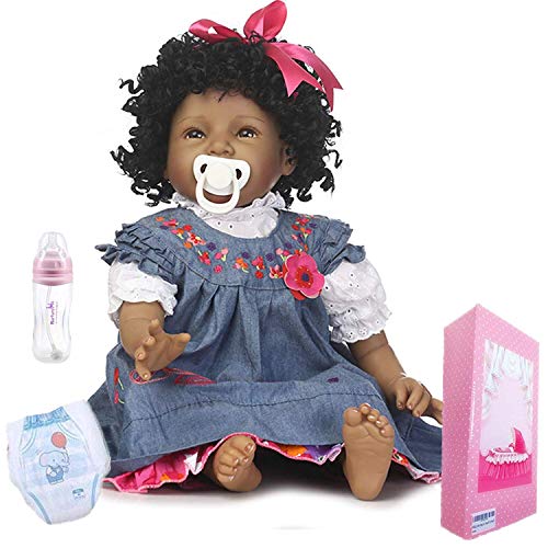 Realistic African American Baby Dolls Girl Reborn Baby Dolls Black Doll Lifelike Soft Vinyl Silicone Baby 22 Inches Handmade Reborn Babies Weighted Doll Eyes Open