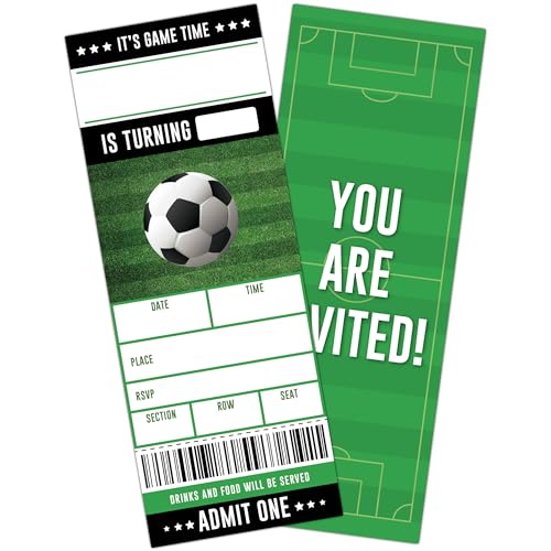 SIXEIGHT Soccer Birthday Invitations, Soccer Games Tickets Party Invitations, 20 Fill-in Invites with Envelopes for Boys Girls, Sports Themed Birthday Party Decorations Favor (3"x8")-A03
