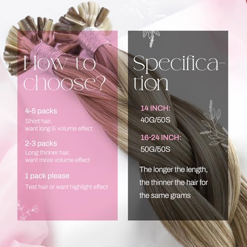 Image of Moresoo K Tip Hair Extensions Real Human Hair, Beige Brown Blonde, 20 Inch | 50g 50 Strands, Keratin Bonded Tips, Long Straight Hair, Blonde Highlight Blend, Professional Installation