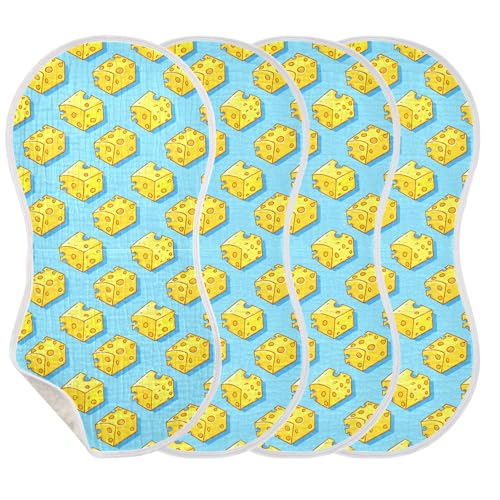 xigua Cartoon Cheese Muslin Baby Burp Cloths Set of 4, Super Soft & Absorbent Burping Rags, Cotton Burp Clothes Shower Gift for Newborn, Baby Girls and Boys3
