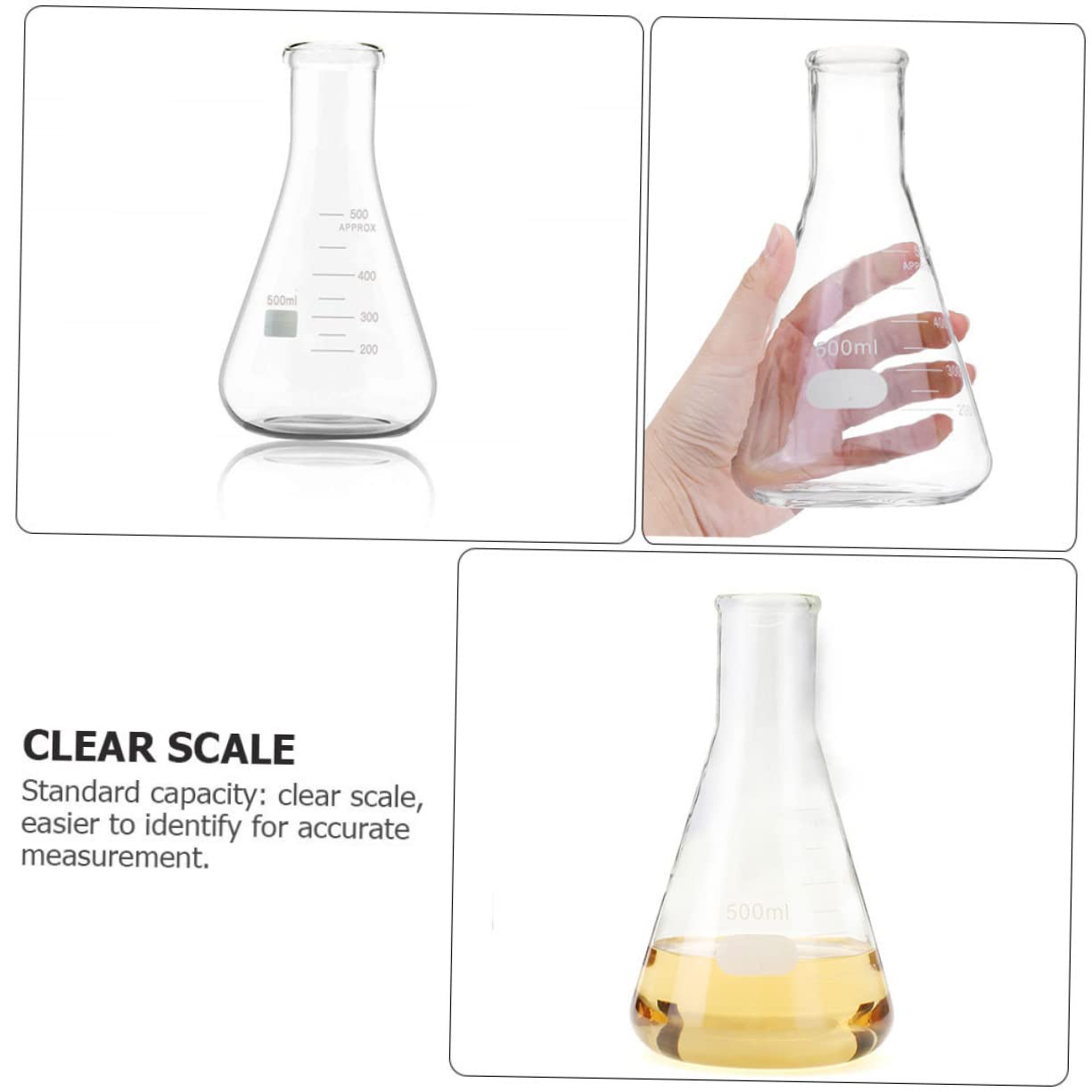 PLAFOPE Matraz Cónico de Vidrio Engrosado 5 Piezas para Laboratorio | Cuello Estrecho, Fondo Plano y Graduaciones Estándar, Área de Marcado Amplia, Capacidades 50ml a 1000ml