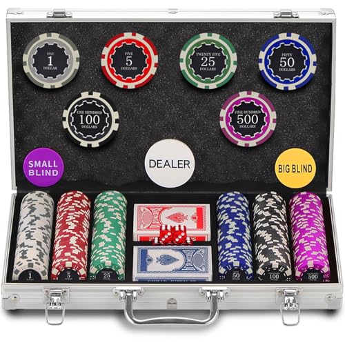 300 Chips Professional Poker Chip Set with Aluminum Case 11.5 Gram Composite Clay Chips 2 Decks of Cards 5 Dice & Dealer Button - Perfect for Texas Holdem Blackjack Casino Night (300 pcs)