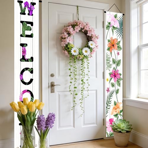 Image of Nuxovilar Front Door Porch Sign Entrance Banner Set 12x71in Polyester | Entrance Decor Hanging Poster Summer Wall Tapestry Garden Porch Outdoor Area (Tropical Welcome)