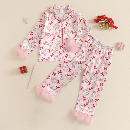 MAINESAKA Toddler Baby Girl Satin Pajamas Set Feather Trim Long Sleeve Button Down Tops Long Pants 2Pcs Pjs Sleepwear Outfits (B-Pink, 1-2 Years) - Thumbnail 2