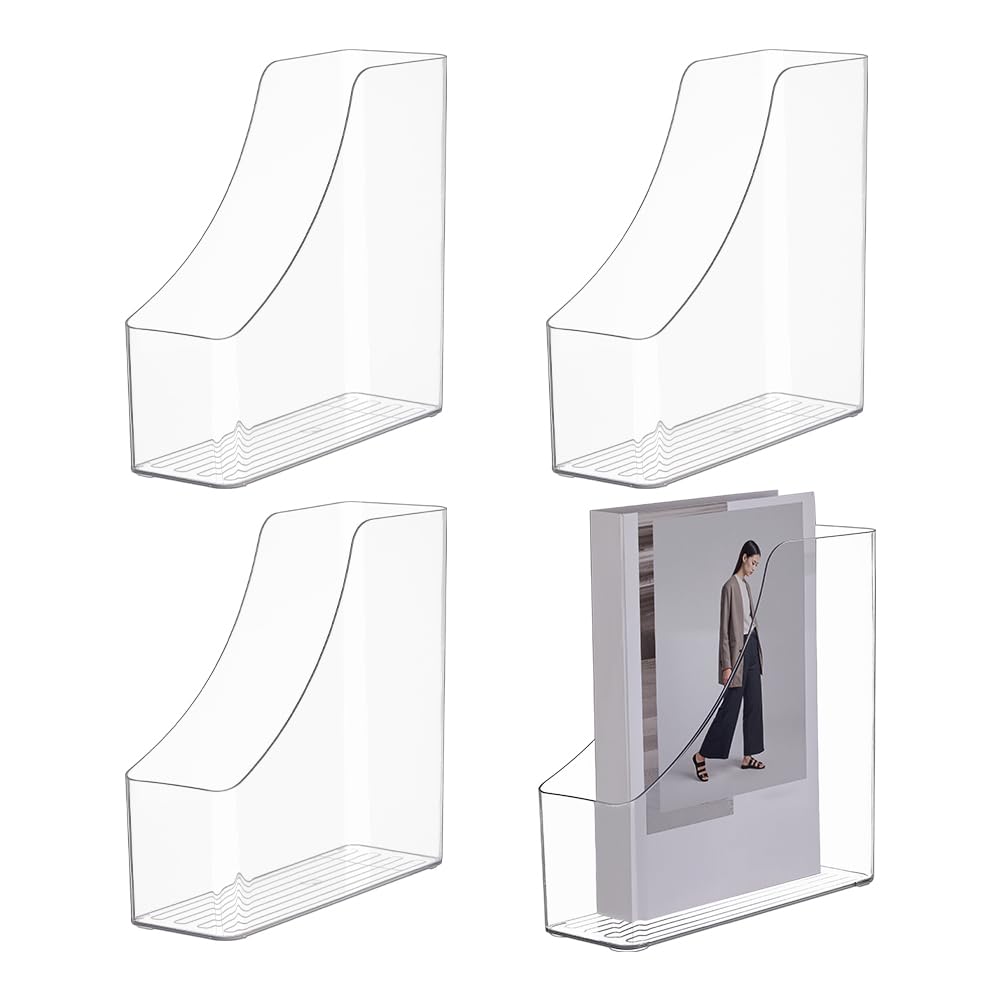 AHANDMAKER 4 Pack Acrylic Magazine Holder Desk Magazine Organizer Transparent Vertical Storage Box for Home Office Classroom Christmas Books Office Shelves Decoration,3x8.86x8.74in