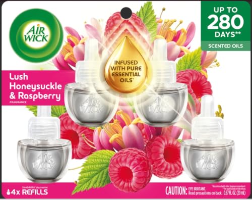 Image of Air Wick Plug in Scented Oil Refills, 4 Count, Lush Honeysuckle and Raspberry, Air Freshener, Essential Oils, Eco Friendly