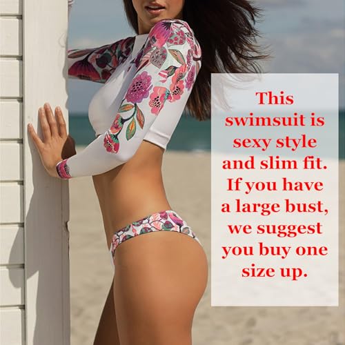 JadeRich Women Long Sleeve Crop Top Two Piece Cheeky High Cut Thong Bikini Swimsuit Floral Rash Guard Bathing2