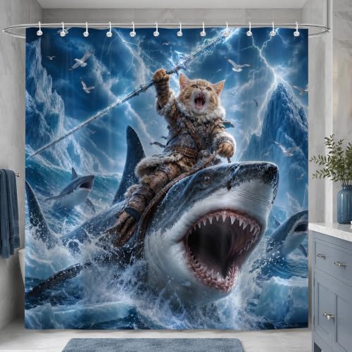 Image of iTapnoom Funny Cat Riding Shark Shower Curtain, Fun Cool Animal Ocean Nautical Coastal Blue Sky Boys Men Bathroom Decor, Waterproof Washable Fabric with Hooks 72x72 Inch