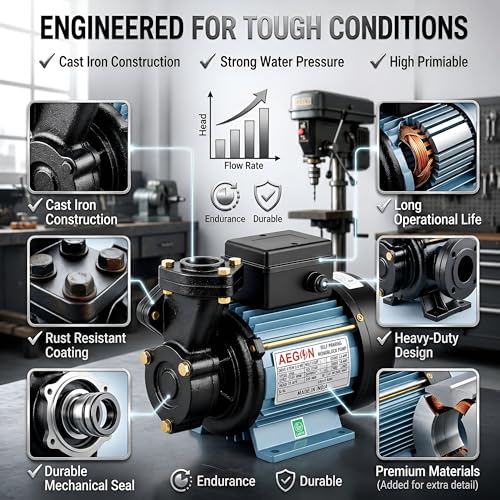 Image of AEGON 1HP Self Priming Monoblock Water Pump | 220V Single Phase Pump for Home, Garden & Farm Use | 45 LPM Flow Rate | 2725 RPM | Cast Iron Body with Brass Impeller | 6-Month Warranty