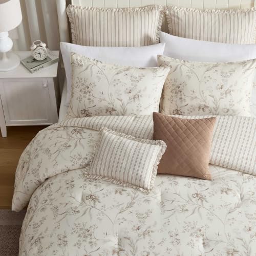 Image of Laura Ashley - Reversible Cotton King Comforter Set with Sham & Pillows | 100% Cotton, Polyester Fill, Includes 2 Shams, 2 Euro Shams & 2 Throw Pillows, Reversible, Machine Washable