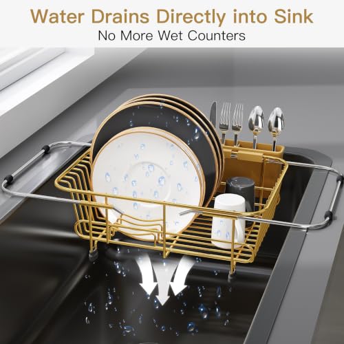 Image of JASIWAY Gold Dish Drying Rack in Sink with Utensil Holder, RV, Apartment