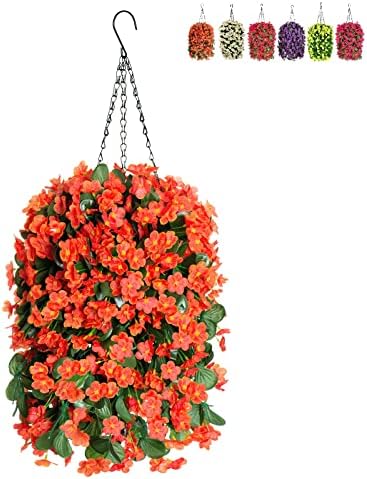 MJFloria Hanging Baskets with Artificial Flowers, Fake Silk Hanging Basket Orchid Flowers Plants, Faux Flower Centerpieces, for Home Decoration Indoor Outdoor Landscaping (Orange)