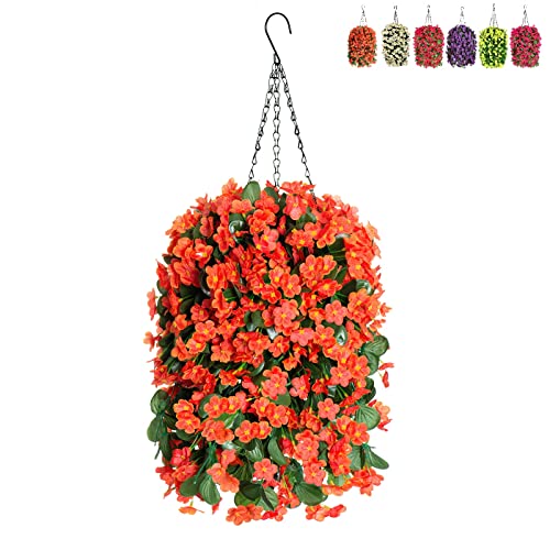 Mjfloria Hanging Baskets With Artificial Flowers, Fake Silk Hanging Basket Orchid Flowers Plants, Faux Flower Centerpieces, For Home Decoration Indoor Outdoor Landscaping (Orange) #TOP30