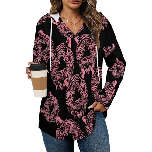 Tiger Face Hoodies for Women V Neck Pullover Sweatshirts Long Sleeve Shirts Fashion Tops