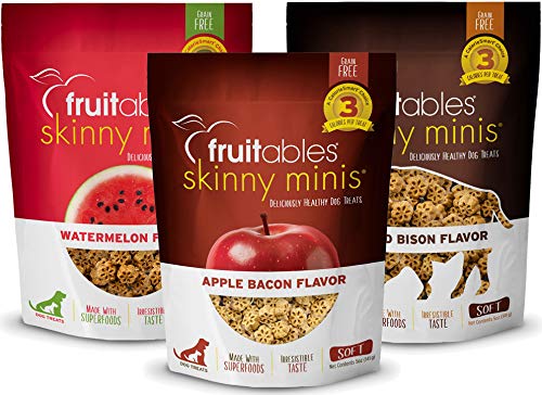 Fruitables Soft and Chewy Skinny Minis 5 Ounce Grain Free Training Treats, Variety Pack of 3: Grilled Bison, Watermelon, Apple Bacon