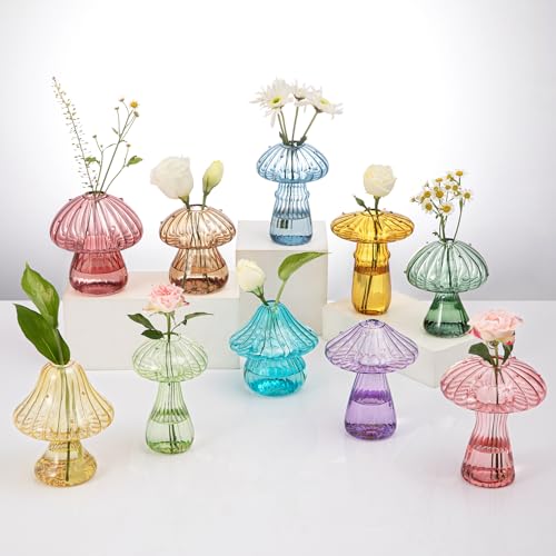 Mushroom Glass Vases for Indoor Plants Set of 10 Colored Plant Propagation Stations Cute Mini Terrarium Unique Small Hydroponic Pots for Flowers Decor Propagation Vases Gifts for Women