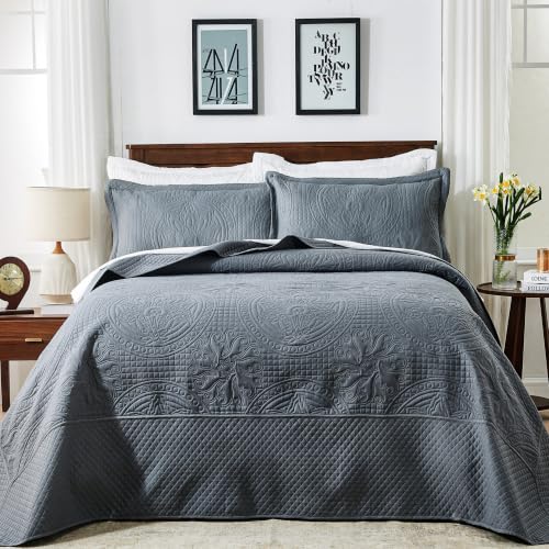 Image of Qucover King Bedspread Medallion Pattern Quilt Bedding Set 3 Pcs Dark Grey