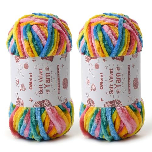 Image of 2x100g Fluffy Velvet Chenille Yarn for Crocheting and Knitting, 80m (87.5yd) Baby Yarn for Crocheting Soft, Crochet Chunky Yarns Amigurumi Yarns (2 Rainbow 1)