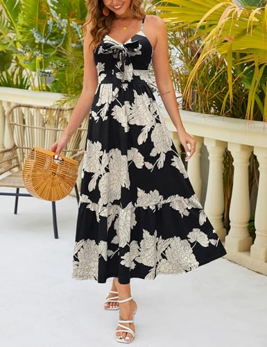 Kranda Women 2025 Summer Fall Floral Maxi Dress High Waist Tie Front Spaghetti Strap Ruffle Long Beach Sundress with Pockets3