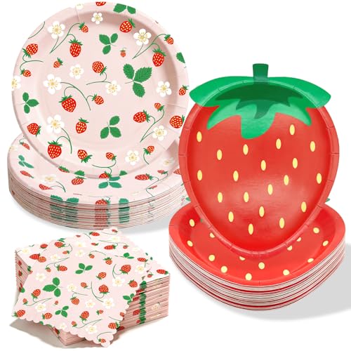 OuMuaMua 60pcs Strawberry Plates Napkins Birthday Decorations 8.5 and 9 Inch Tableware Set for Summer Baby Shower Sweet One 1st Berry First Fruit Themed Party Supplies Serves 20