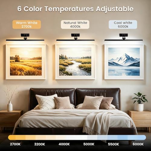 Yuichoy 2 Pack Picture Lights for Wall Battery Operated, 16 inch Wireless Art Lighting for Painting, 6 Colors Picture Frame Lights with Remote, Dimmable 5200mAh Gallery Light, Black