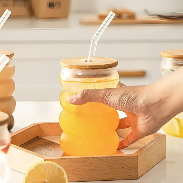 Image of SKDBPM Can with Straw, Transparent Glass Fruit Juice Milk Sipper Tumbler Mug with Lid and Glass Straw - 540ml - Pack of 1 (2 Wave Mug)