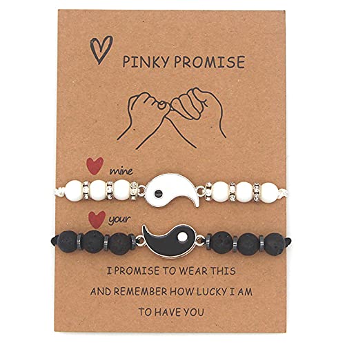 2-3Pcs Handmade Yin Yang Natural Stone Bead Bracelet Set for Women Men Best Friend Adjustable Braided Cord Strand Tai Chi Gossip Couple Matching Bracelet Friendship Jewelry Gift, 11 inches, Resin