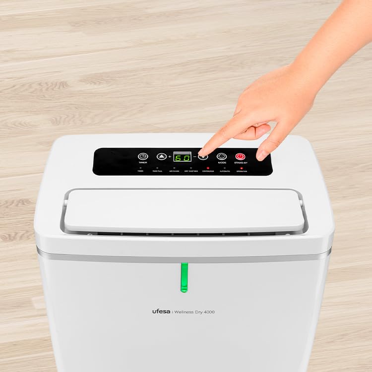 Ufesa Wellness Dry 4000 Deumidificatore 16L/24h, Silenzioso 43 dB, Sensore di Umidità, Funzione Asciugatura Biancheria e Purificazione dell’Aria, Serbatoio 5L, Timer 24h, Fino a 30 m²