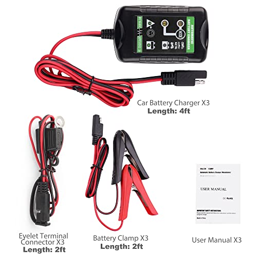 Lotfancy 6V 12V 1.5A Battery Charger, 3-Pack, Fully Automatic, Smart Trickle Charger, Battery Maintainer For Car, Automotive, Motorcycle, Lawn Mower, Marine, Boat, Atv, Sla Agm Gel Lead Acid Battery #TOP4