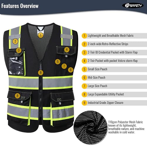 Image of JKSafety Hi Vis Reflective Safety Vests for Men Women High Visibility Vest with Pockets Mesh Fabric Construction Safety Apparel Neon Vest for Work (220-Black S)