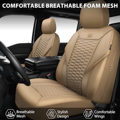Image of CAR PASS 3D Foam Mesh Leather Car Seat Covers Full Set, Tan Breathable Mesh Faux Leather Seat Covers for Car, Universal Fit for SUV Truck Sedan Automotive, Armrest Airbag Compatible, All Beige