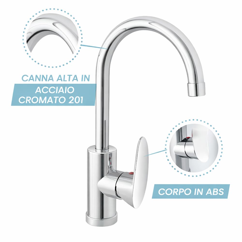 Set Pilozzo Sospeso 50x34 Cm Bianco - Vasca Lavatoio In Resina Resistente Agli Acidi Con Porta Sapone - INCLUDE Miscelatore Canna Alta Cromo In Acciaio INOX E Kit Scarico