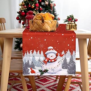 Snowman Merry Xmas Table Runner,Seasonal Winter Table,Xmas RunnerTable,Red Table RunnerIndoor Outdoor Home Party Dinner Holiday Kitchen Thanksgiving Xmas Decor,40 x 180 cm (2209JJL0014GRAM01SJE)