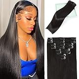 Diwionte Clip in Hair Extensions Real Human Hair for Women 100% Unprocessed Brazilian Virgin Hair 8 Pcs Per Set Double Weft Clip Full Head Straight Remy Hair (16 Inch, 1B Natural Black)