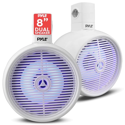 Pyle Bluetooth Waterproof Marine Off-Road Speakers - 8” 300W 2-Way Wakeboard Tower Sound System with LED Lights, Full Range Mountable Outdoor Stereo for Car, ATV, UTV, Jeep, Boat, Set of 2 (White)
