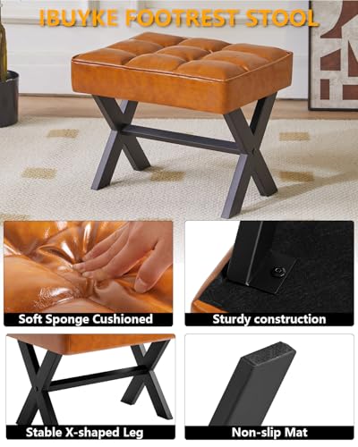 Image of IBUYKE Small 12 inch H Footrest Stool, Square PU Foot Stool with Metal X-Leg, Multi-Use as Small Side Table, Step Stool for Living Room, Bedroom, Entryway, Office, Light Brown WBD012J