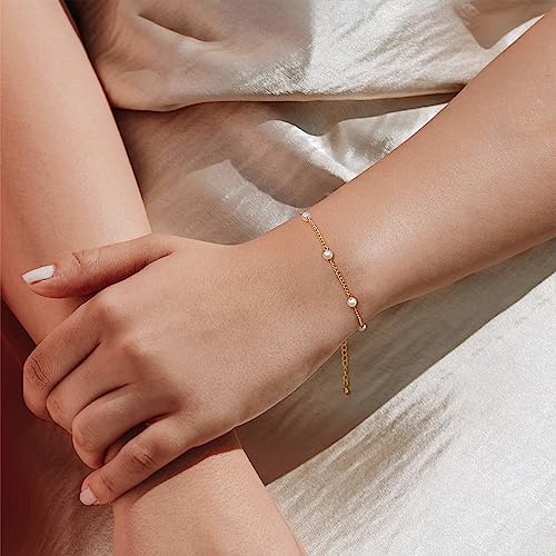 Gold/Silver Pearl Bracelet 18K Gold Plated Cultured Pearls Bracelets for Women Dainty Adjustable Beaded Link Chain Layered Bracelets Bridesmaid Jewelry Gifts for Women4