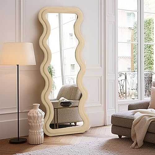 Image of Full Length Mirror 63 inchx24 inch Irregular Wavy Mirror with Flannel Wrapped Wood Frame Floor Mirror for Living Room, Bedroom Hanging or Leaning Wall-Mounted, Milk Teal