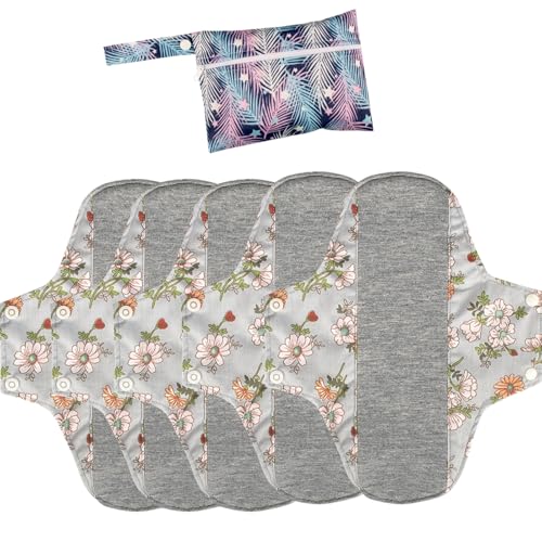 KUMUROETA 洗える生理用ナプキン 布製生理用ナプキン 洗って繰り返し使える 純綿グラフェン生理用ナプキン 無染色 無漂白 通気性 生理用 敏感肌用 六点セット(生理用ナプキン5枚(20*23cm)+収納袋1枚