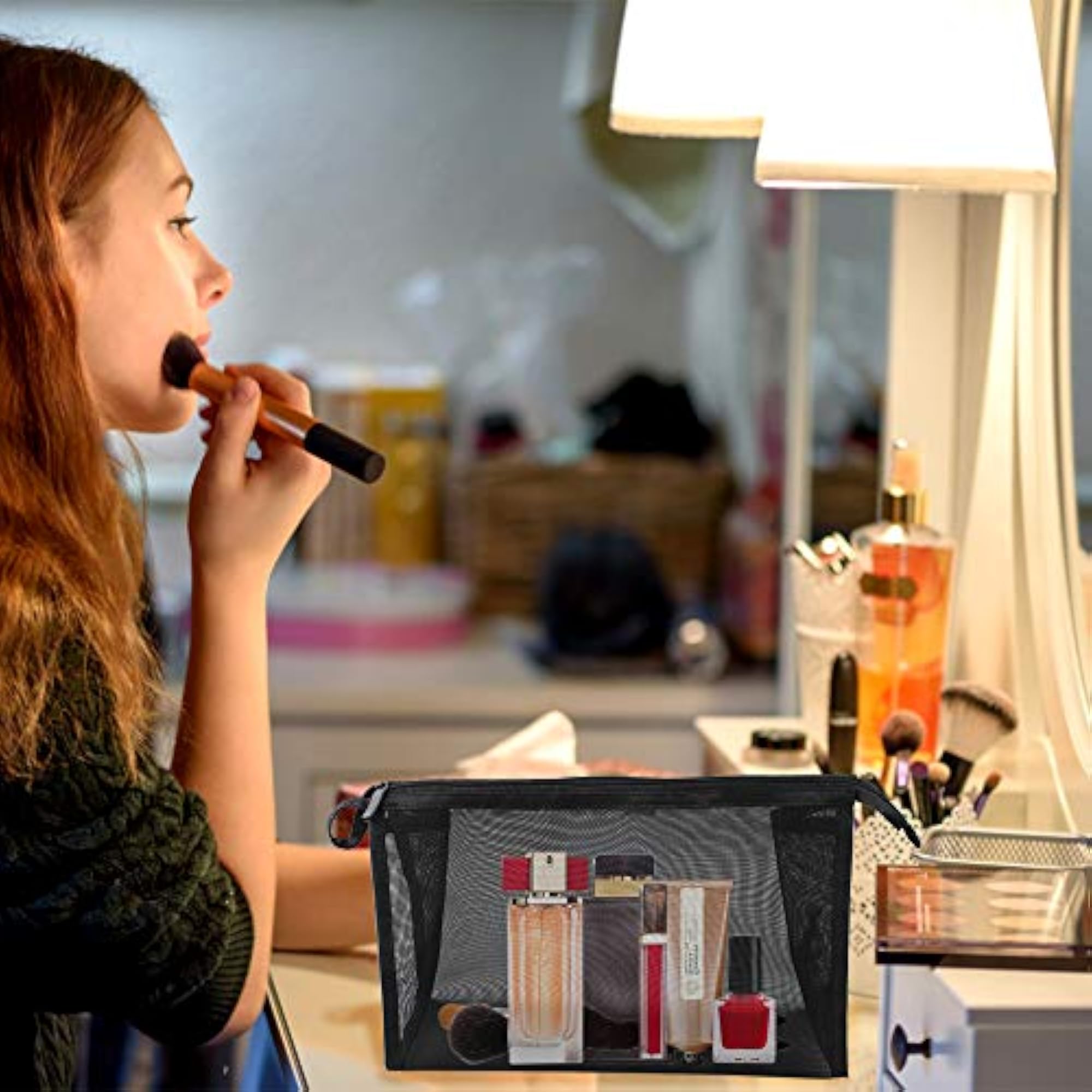 2pcs Black Mesh Cosmetic Bag Set for Travel & Office