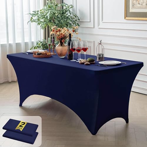 Image of FOLINS&HOME 2 Pack Navy Blue 4ft Fitted Spandex Water Resistant Tablecloth | Washable Elastic Rectangle Table Cover for 4 Foot Folding Tables, Stretch Table Cloth for Weddings, Banquets, Parties (2 Pcs)