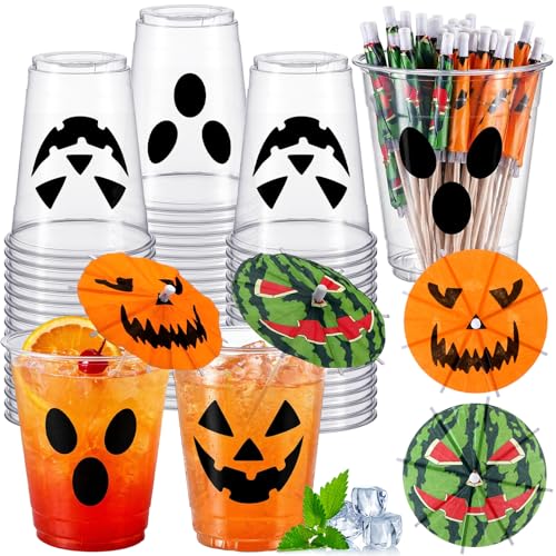 FoldTier 24 Set 12oz Summer Halloween Plastic Cups with Drink Umbrella Picks Bulk Halloween Cups with Cocktail Umbrella Stirrers Jack O Lantern Ghost Design for Trick or Treat Boo Party Supplies