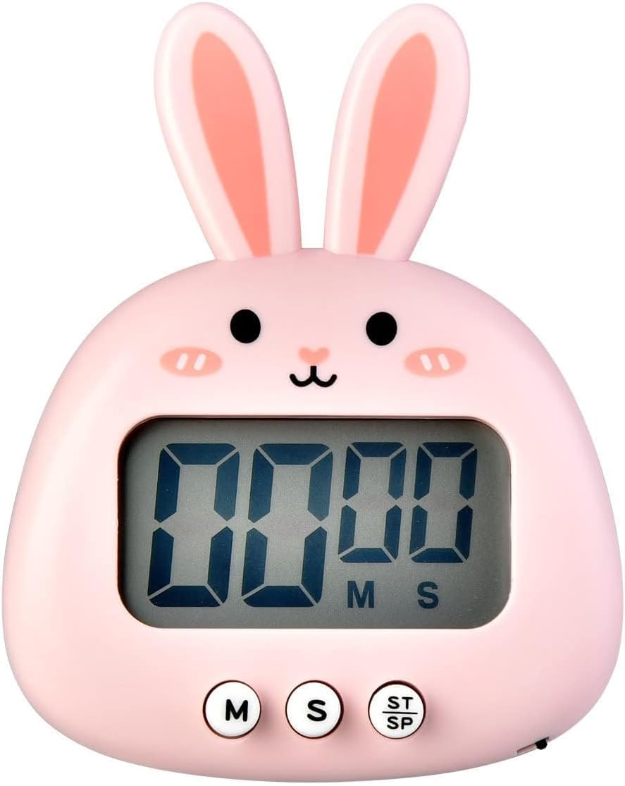 Cute Rabbit Timer, Digital Kitchen Timer for Cooking, Big Digits Loud Alarm Magnetic Backing Stand Cooking Timers for Baking (Without Battery) (Pink)