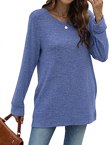 Lerucci Womens Casual Long Sleeve Loose Fall Pullover Side Split Tunic Tops With Pockets Blue Large #TOP1