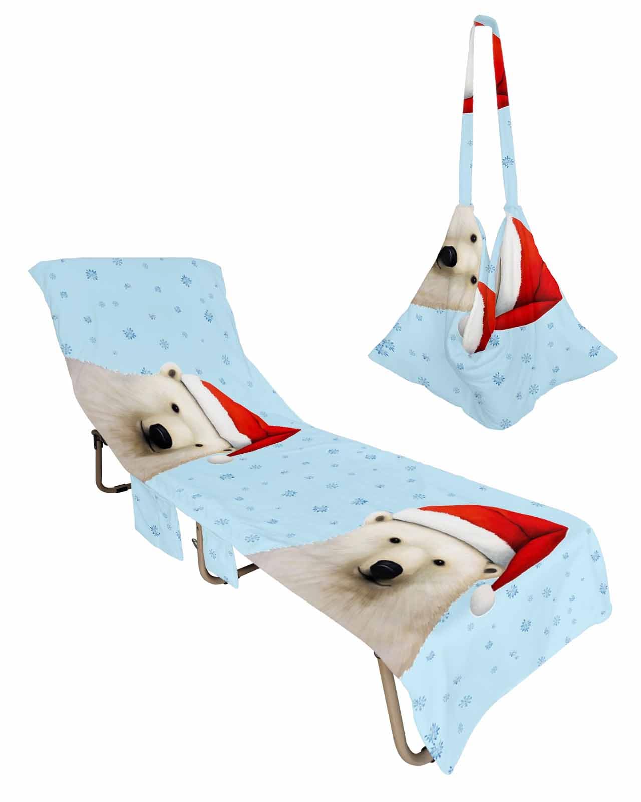 Christmas Bear Beach Lounge Chair Towel Cover, Soft Chaise Lounge Towel with Side Pockets Patio Pool Chairs Cover for Beach/Pool Sunbathing 29x85 Xmas Winter Snowflake Blue