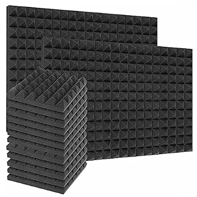 24Pack 12'' x 12'' x 2'' Acoustic Foam Pyramid High Density Flame Retardant Sound Proof Foam Panels Studio Soundproof Absorption Treatment Panel Tile Wedge Protective (Black)