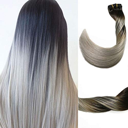 Clip in Hair Extensions 120 G/4.2 Ounce 100% Brazilian Remy Human Hair Extensions 9A Thickened Soft Silky Straight for Fashion Women 7pcs 17clips Full Head(16Inch Ombre Natural Black to Silver Gray)